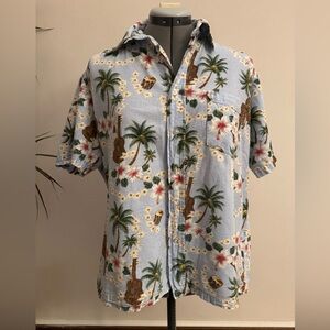 Roundy Bay Hawaiian Shirt Tropical Hibiscus & Ukulele Blue 100% Cotton